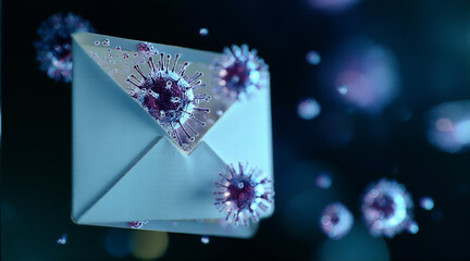 Email Virus Infection Concept &ndash; Phishing Scam and Cybersecurity Threat 3D Illustration、メールウイルス感染のイメージ｜フィッシング詐欺とサイバーセキュリティの危険を表現した3Dビジュアル