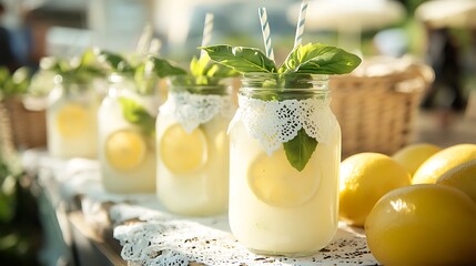 Lemon basil milkshake in clear jars with vintage lace decor at chic market stall