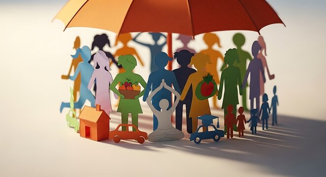 Colorful Paper People Under Umbrella Protection.