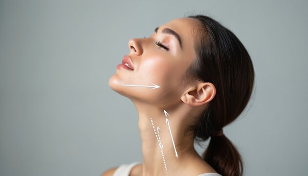 Woman chin and neck analyzed with arrows for cosmetic surgery procedure. Youthful skin tightening consultation, medical aesthetic treatment planning.