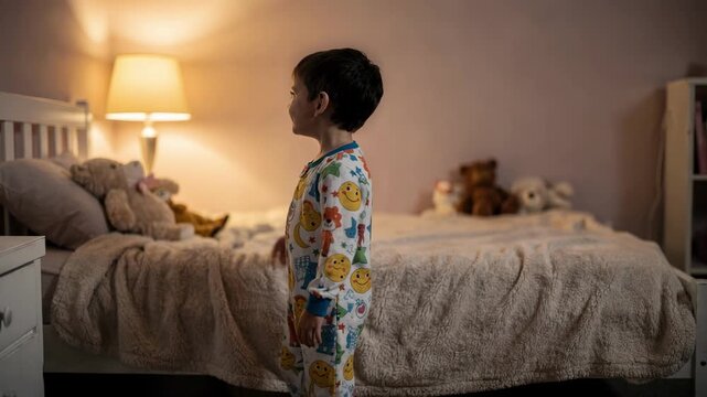 Medium shot of a young boy in footed pajamas with cheerful cartoon designs standing indoors with a soft bedtime ambiance.