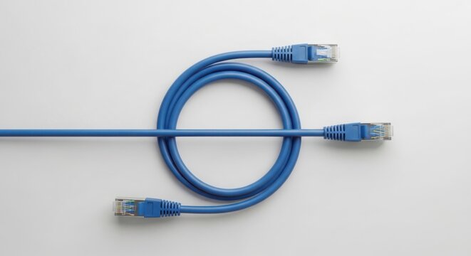Blue Ethernet cable coiled on white background creating circular shape. Ethernet cable with RJ45 connectors provides high speed data connection for network infrastructure.