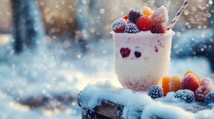 Milkshake with crystallized fruit on a frosty wooden cart