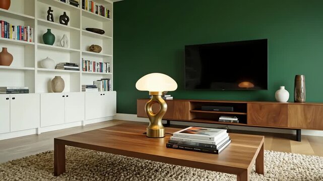 A stylish living room with a spacious white bookshelf, contemporary TV unit, rectangular coffee table with a designer lamp, plush rug, and a rich green wall as the main feature. 4k resolution video.