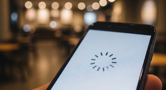 Close up smartphone loading animation displayed on device screen, held by human hand. Mobile device indicates data processing, slow internet connection, vital for smartphone loading.