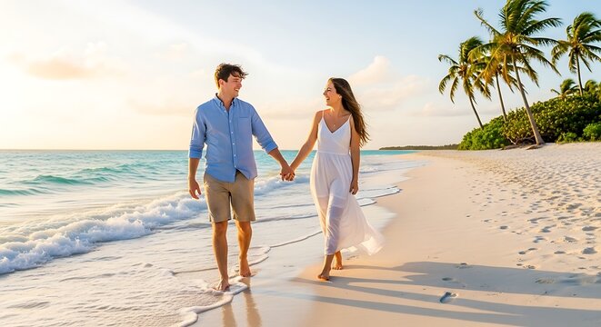 Couple Walking Hand in Hand on Beach.