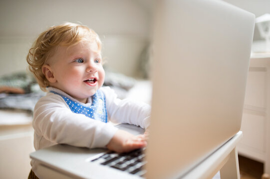 Little boy at home playing with laptop