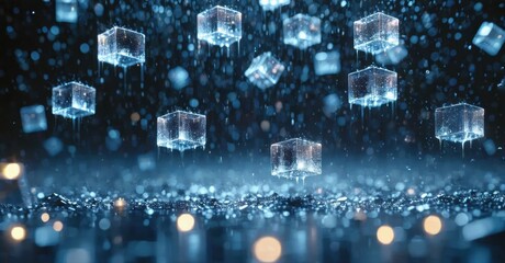 Obraz premium Abstract digital cubes float above glowing particles. Blue tones dominate, creating futuristic, ethereal scene. Light sparkles throughout composition.