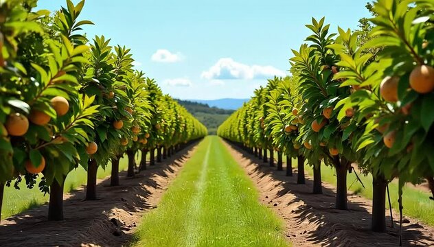 A feijoa orchard with rows of shrubs bearing ripe fruit under clear skies 