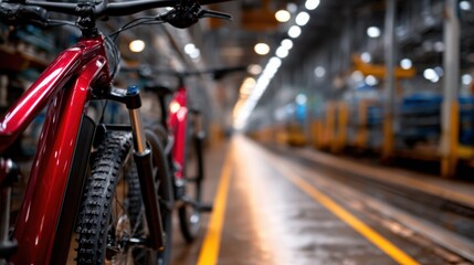 Brightly colored bicycles are showcased in a contemporary factory setting, highlighting modern design and craftsmanship in the cycling industry with meticulous details.