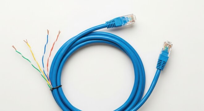 Blue ethernet cable coiled, one end with intact RJ45 connector, other end exposing colorful internal twisted pairs. This networking cable illustrates data transmission infrastructure setup.