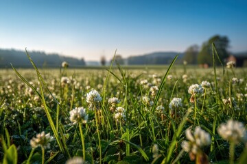 Obraz premium Fresh spring clover field bathed in warm morning light, tranquil rural landscape