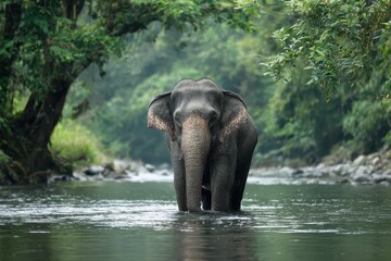 Fototapeta premium Gentle giant cooling off in river water with splashes and mud