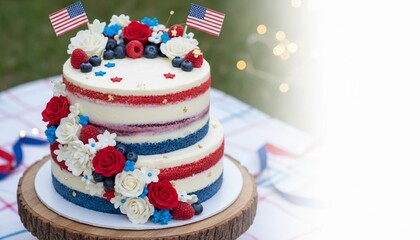 A patriotic two-tiered cake with American flags, adorned with red, white, and blue decorations. A festive dessert for a holiday celebration