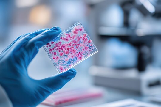 Gloved hand presenting a histology slide with liver tissue in a medical setting