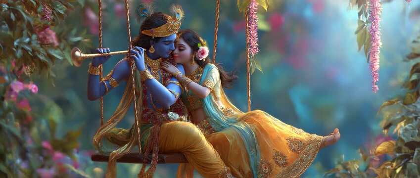 Krishna and radha divine love on swing. symbolizing eternal love and divine harmony. 