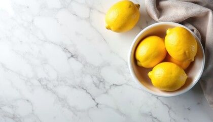 Yellow lemons sit in a white bowl on a marble countertop. A linen napkin is placed nearby. The bright, fresh fruit is ready for cooking or juice. Simple, clean arrangement.