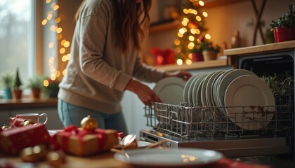 Woman loads clean plates into dishwasher after holiday meal. Kitchen is festive with tree lights and gifts. Cleanup routine after family gathering and dinner.
