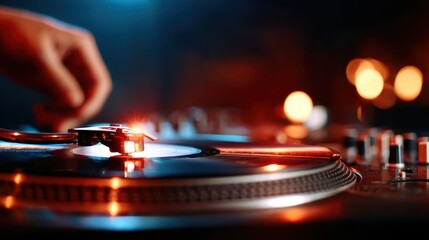 A dimly lit scene featuring a DJ skillfully manipulating a turntable, creating an engaging atmosphere filled with vibrant colors, rhythm, and immersive sounds for a lively night.