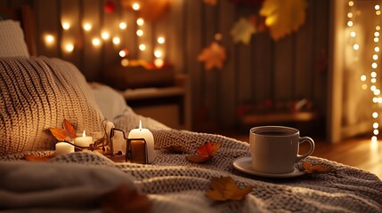 Spiced coffee with cream velvet blanket and candlelit fall themed bedroom corner
