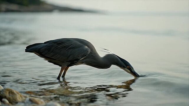 Striated Heron Foraging in Shallow Waters at Sunset in Australia near Calm Water With a Tranquil Atmosphere and Soft