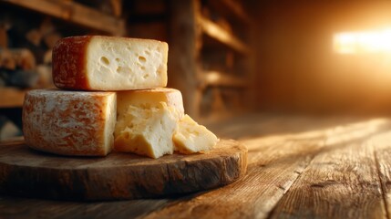 A beautifully arranged cheese platter showcases delectable cheese varieties, complemented by a warm and inviting rustic background that adds charm and appeal to any gourmet setting.