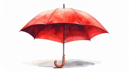 Red umbrella with curved handle standing upright, fully open symmetrical canopy, plain light-colored background, minimalist composition with vibrant red contrasting neutral backdrop