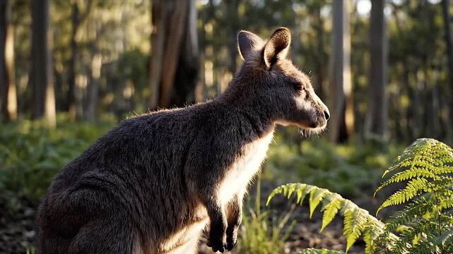 Swamp Wallaby in Forest Setting, Natural Habitat, Australian Wildlife, Side View, Lush Green Ferns, Golden Light, Trees