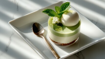 An elegant dessert featuring matcha layers, topped with a scoop of ice cream, presenting a delicious blend of flavors and textures in a beautifully styled setting.