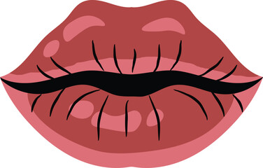 Red Glossy Female Lips with Black Liner and Detail Lines