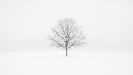 Obraz premium Winter Bare Tree Standing in Foggy White Snow Field, Minimal Scandinavian Landscape With Soft Cold Light and Vast Negative Space for Clean Modern Branding Background