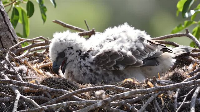 Two Nestling Sea Eagles Relaxing in Woven Branch Nest with Sunlight Filter Through Canopy and Soft Bokeh in Background