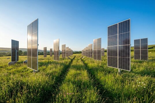 Sunny landscape with bifacial solar farm capturing light from both sides