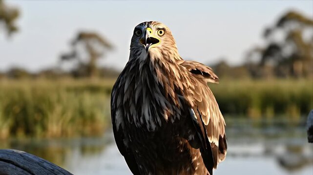 Whistling Kite Sitting on a Tree Branch by a Lake, Australian Wildlife, Brown Feathers, Yellow Beak, Brown Background