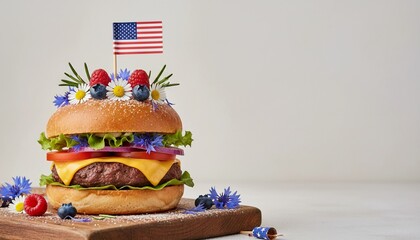 Patriotic burger with the American flag on a wooden plate