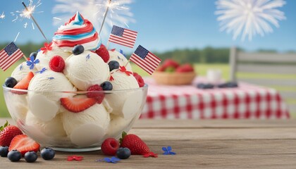 A patriotic ice cream sundae with American flags and fireworks. The sundae is decorated with red, white, and blue elements, strawberries and blueberries