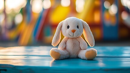 Stuffed bunny lying on a carnival picnic table enjoying the view