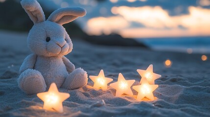 Stuffed bunny next to playful glowing star shaped candles on the sand