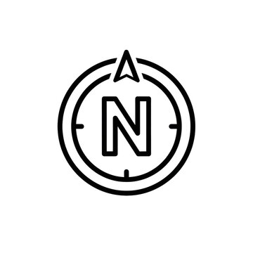 Perfectly geometric, highly stylized, minimalist vector compass icon in crisp black outline art with a bold 'n' indicator, isolated on transparent, concept of intuitive navigation.