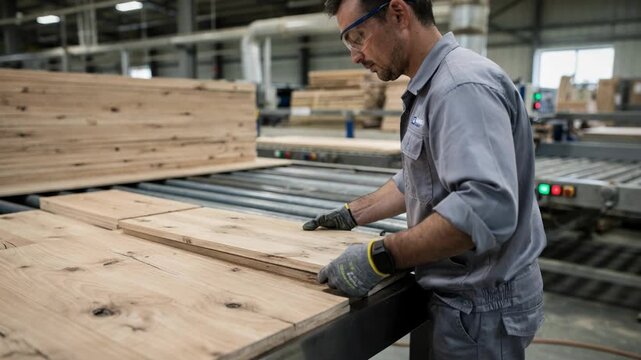 Quality control technician performing tactile assessment of wooden panels focusing on texture and structural soundness in a factory setting.