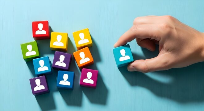 A hand picking up a colorful wooden block with a human icon from a scattered group on a light blue background with shadows.