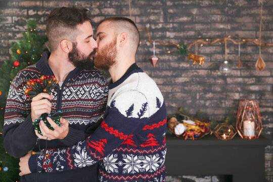 Kissing gay couple with chain of lights at Christmas time at home