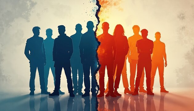 Silhouettes of people divided into two groups by a sharp crack of color and texture. Blue side contrasts with fiery orange and red, symbolizing and separation.
