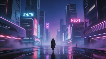Futuristic cityscape with neon lights