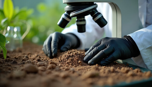 Scientist wearing black gloves examines soil sample using a microscope. Researching dirt, earth, ground, soil quality. Studying plant growth, biology, environmental science.