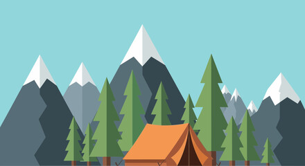 Camping tent in pine forest with snowy mountains background © Tiu