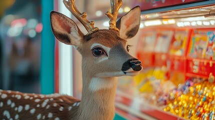 Stuffed deer standing near a carnival prize wall colorful ambiance