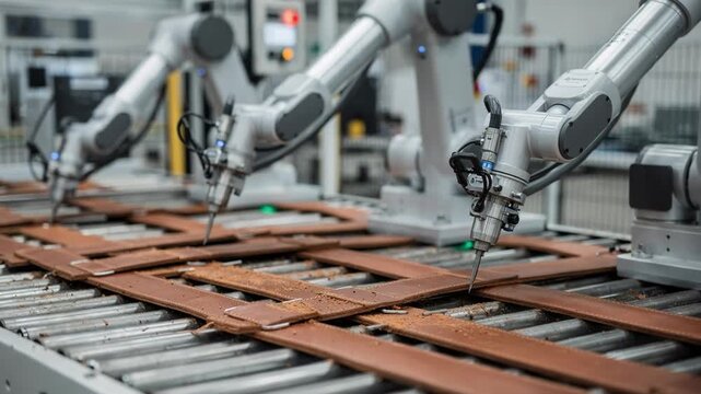 Medium shot showcasing robotic cells seamlessly cutting leather straps highlighting smooth movements and accuracy in an industrial environment.