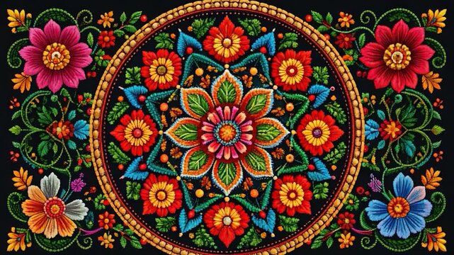 A vibrant, detailed floral mandala on a black background, with ornate details