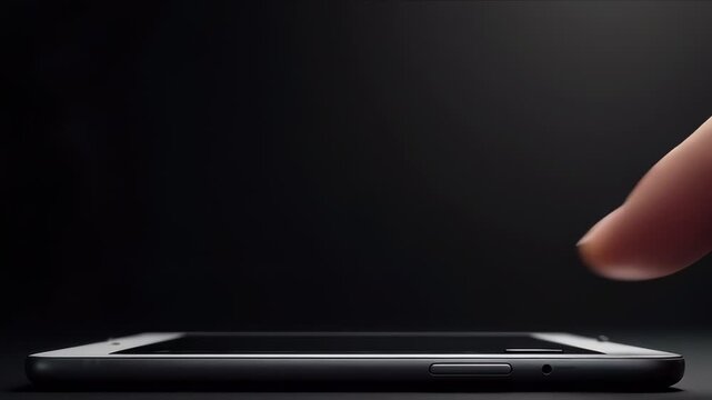 A hand approaches and lightly touches a smartphone screen in a dark setting highlighting the touch feature and sleek appearance
